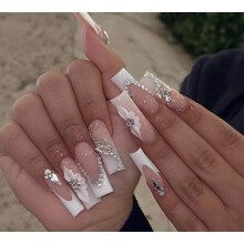 24 Long Square French Tip 3D Butterfly Flower Press On False Nails Brand New