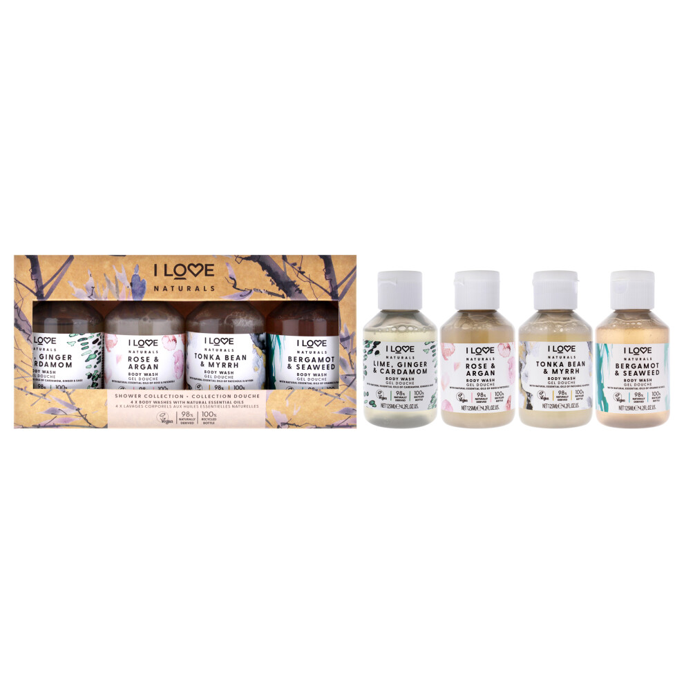 Shower Collection by I Love Cosmetics for Women - 4 Pc 4.2oz Body Wash - Lime Ginger and Cardamon, 4.2oz Body Wash - Rose and Argan