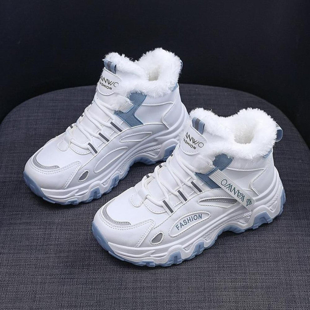 (blue, 40) White Shoes For Women, New Black All-match Leather Panel Shoes, Autumn And Winter Velvet Flat High-top Sneakers