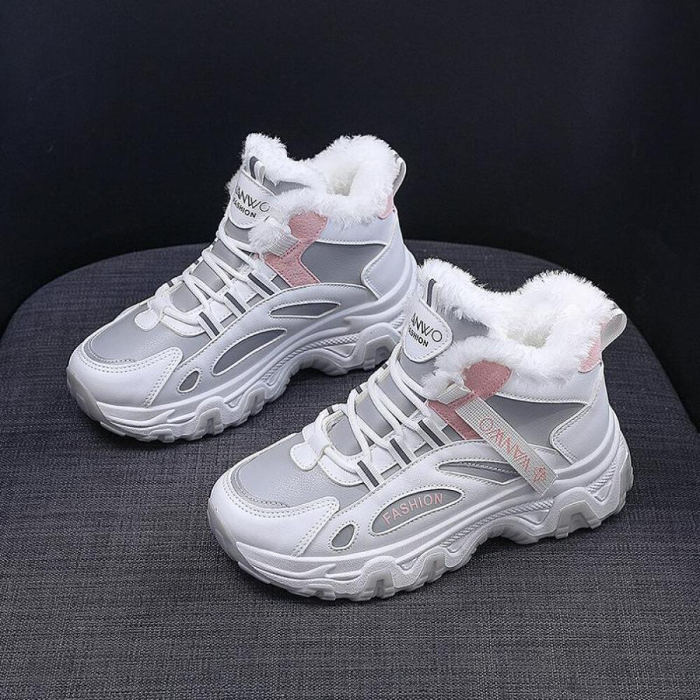 (grey, 40) White Shoes For Women, New Black All-match Leather Panel Shoes, Autumn And Winter Velvet Flat High-top Sneakers