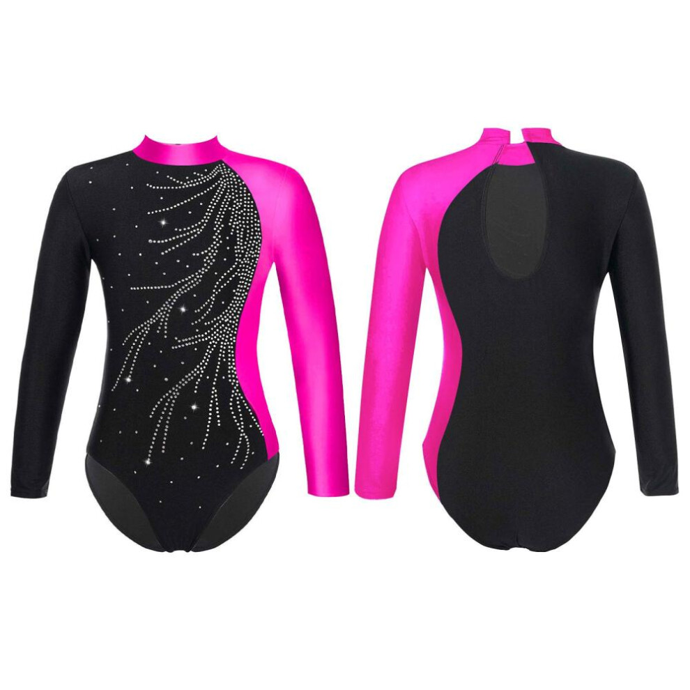 (rose, 10-12 Years) Girls Dance Gymnastics Leotard Long Sleeve Faux Diamonds Adorned Keyhole Back Style Bodysuit Children