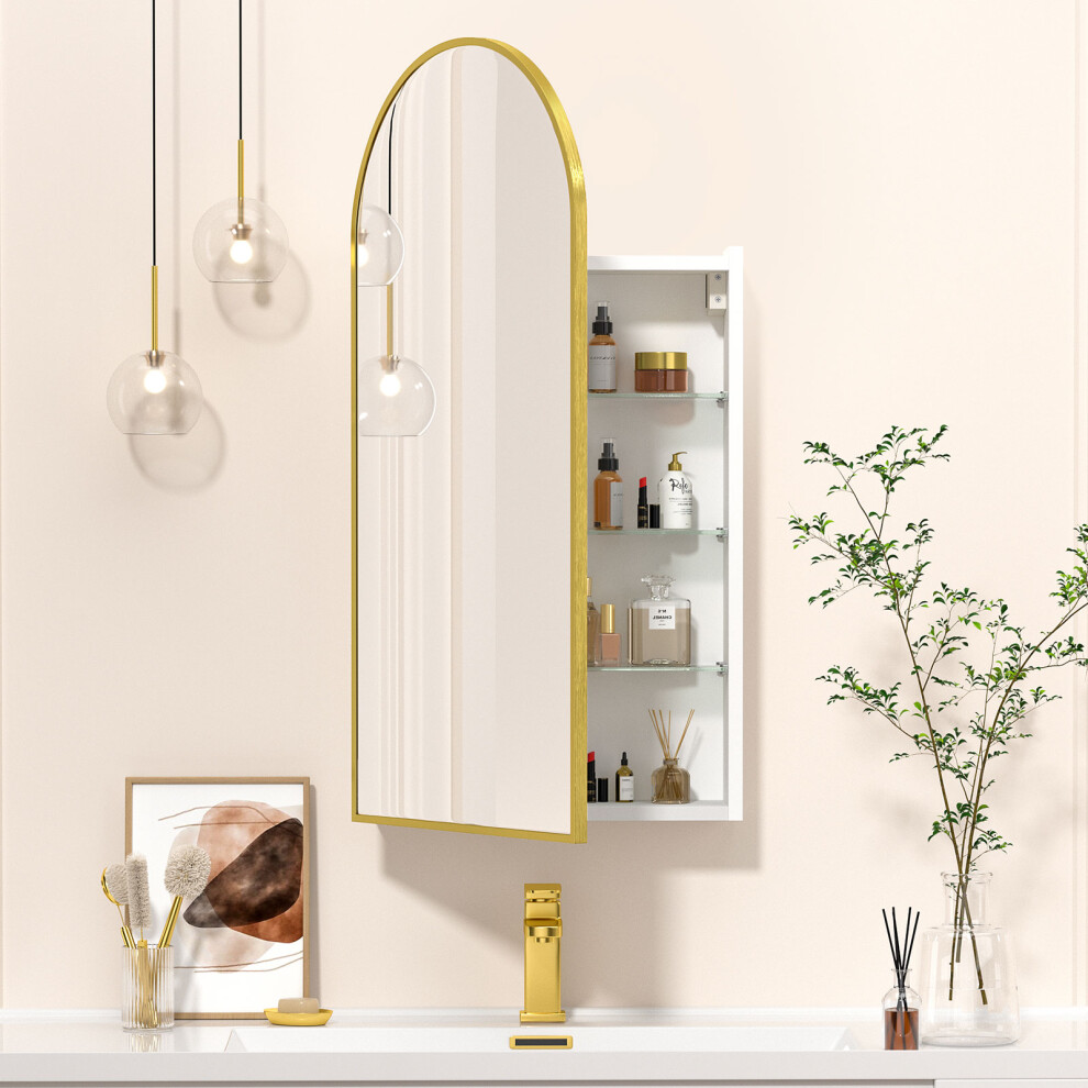 (40 cm x 80 cm, Brushed Gold) Arched Mirror Cabinet Bathroom Wall Metal Framed