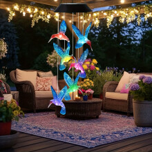 (Multicolor Light) Solar-Powered Hummingbird Wind Chime Light - Color-Changing LED, Waterproof Outdoor Decor for Garden, Patio, Balcony