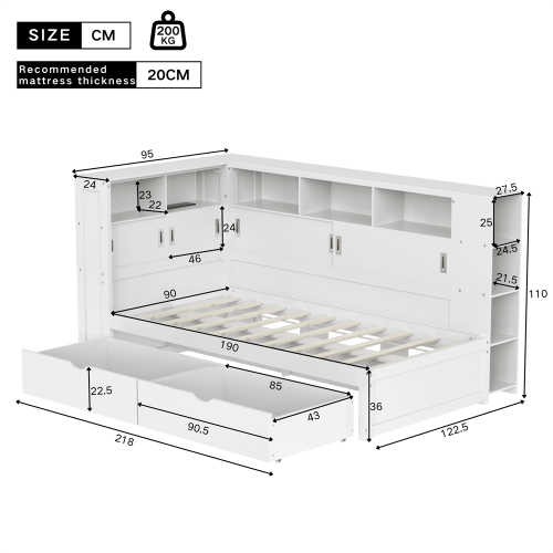 90*190cm, Single Bed-3ft with Trundle & Bookcase&USB, White 1