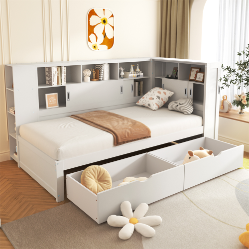 90*190cm, Single Bed-3ft with Trundle & Bookcase&USB, White