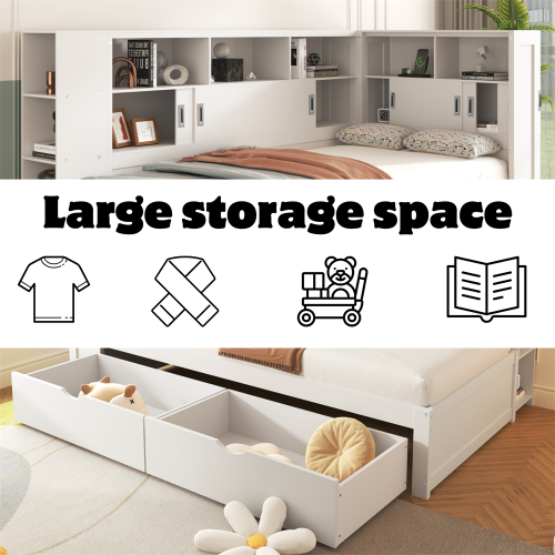90*190cm, Single Bed-3ft with Trundle & Bookcase&USB, White 2
