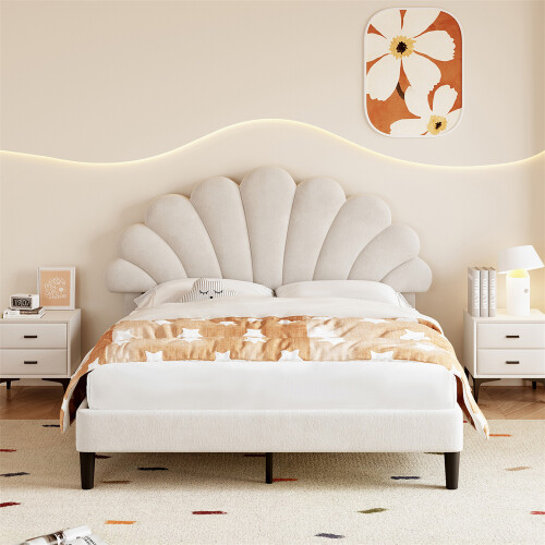 (Beige) 4ft6 Double Upholstered Velvet Bed Frame