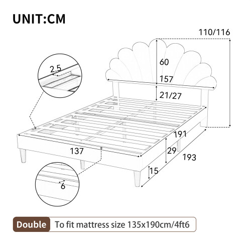 (Beige) 4ft6 Double Upholstered Velvet Bed Frame 2