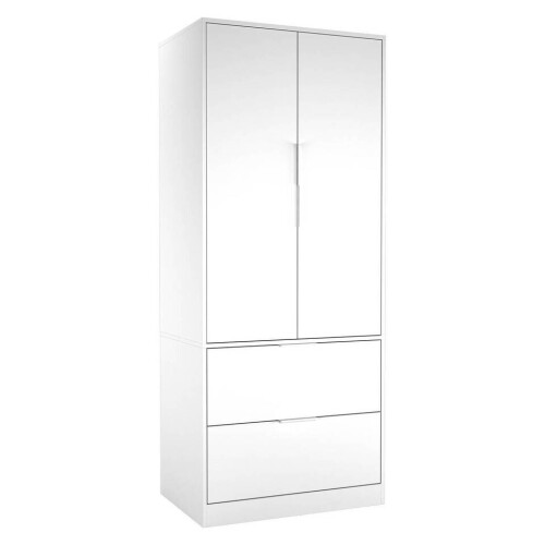 (White) 2 Door 2 Drawer Minimalist Bedroom Wardrobe Storage & Hanging Rail 180cm