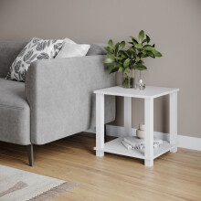 (White) 2 Tier S-Tube End Table Small Wood Bedside Nightstand With Storage Shelf