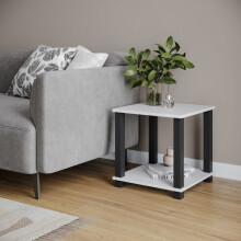 (White & Black) 2 Tier S-Tube End Table Small Wood Bedside Nightstand With Storage Shelf