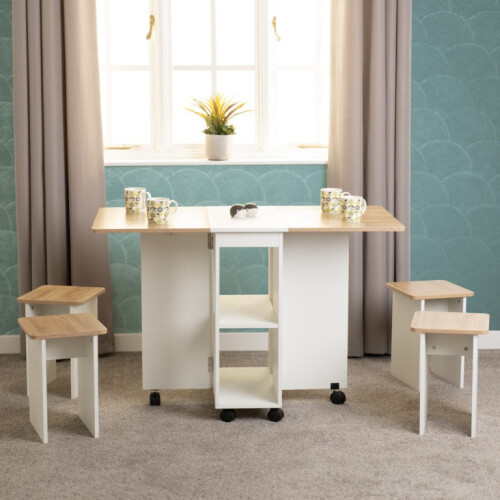 Seconique Stowaway Dining Set Oak Effect/White, Seymore With 4 Stools
