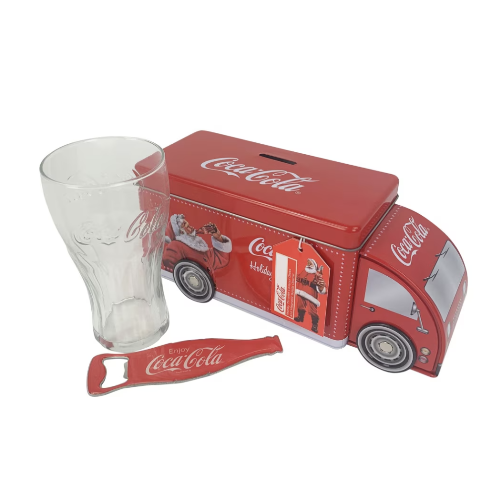 Coca-Cola Truck Money Tin With Glass & Bottle Opener