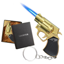 (Gold) Cool Gun Shape Jet Flame Torch Lighter Windproof Adjustable Flame Refillable Butane for Cigar Gifts Outdoor (Without Butane Gas)