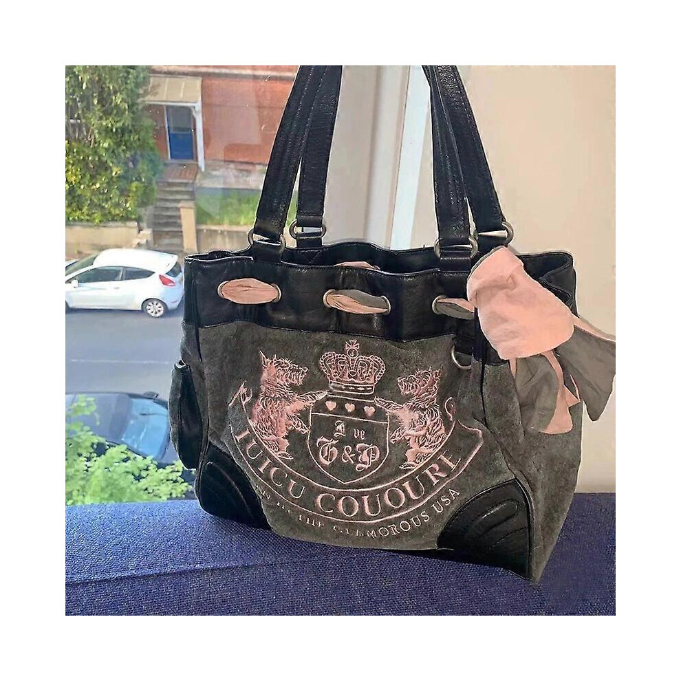 (34cm 18cm27cm, Gray) 2024 Y2K Women Vintage Retro Chic Embroidery Velvet Shoulder Bag Ladies High Capacity E-girls Tote Bags Shopping Handbags For Wo