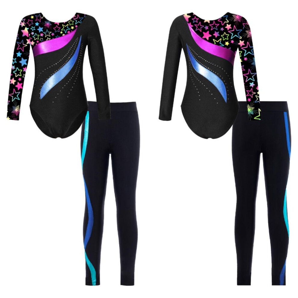 (black,blue, 5-6 Years) Kids Girls 2pcs Gymnastics Dance Outfits Long Sleeve Leotards With Pants Athletic Biketards Unitards