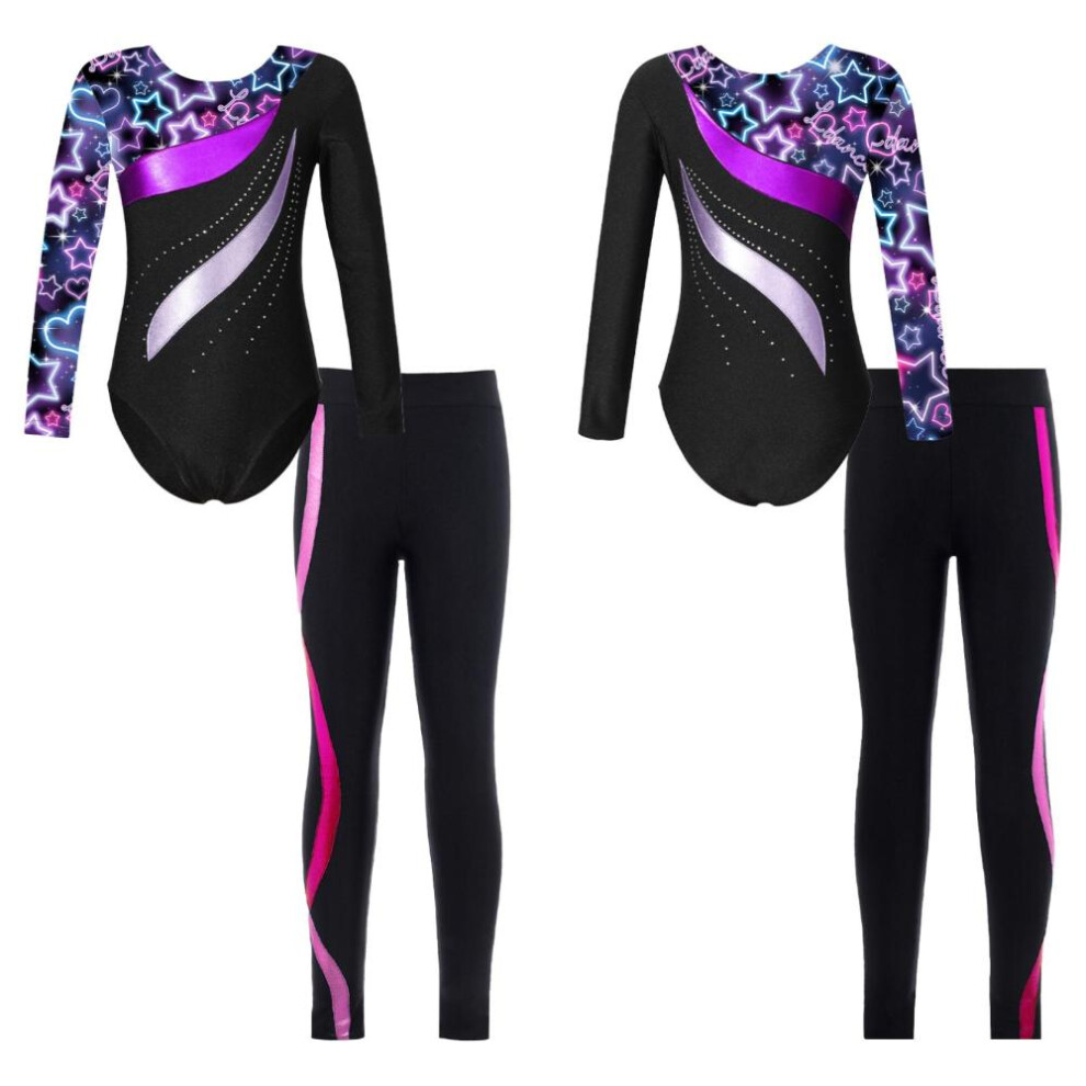 (black,purple, 9-10 Years) Kids Girls 2pcs Gymnastics Dance Outfits Long Sleeve Leotards With Pants Athletic Biketards Unitards