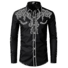 (black, M) Mens Western Cowboy Shirt Embroidered Long Sleeve Casual Slim Fit Button Down Shirt
