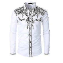 (white, 2XL) Mens Western Cowboy Shirt Embroidered Long Sleeve Casual Slim Fit Button Down Shirt