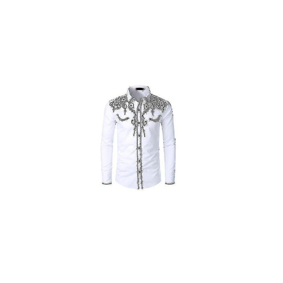 (white, L) Mens Western Cowboy Shirt Embroidered Long Sleeve Casual Slim Fit Button Down Shirt