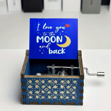 (Blue) 1pc Hand-Cranked Wooden Music Box with "I Love You to the Moon & Back" Engraving
