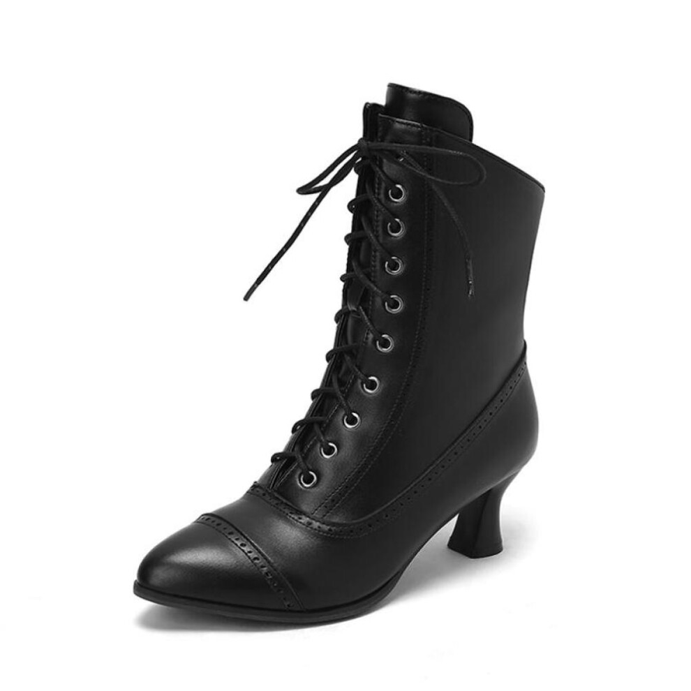 (black, 37) Annymoli Women Ankle Short Boots Pointed Toe Block High Heels Lace-up Zipper Combat Boots Ladies Fashion Shoes Winter White 46