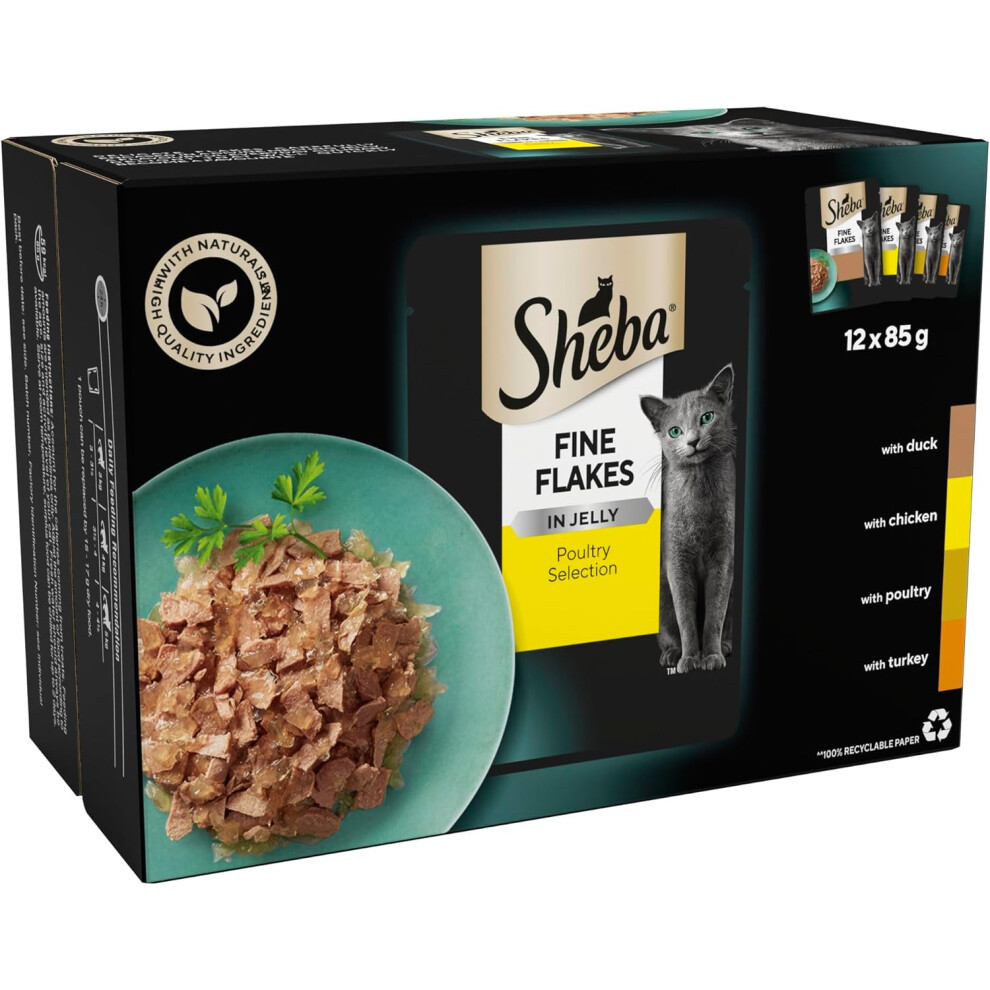 Sheba Fine Flakes in Jelly Poultry Collection Wet Cat Food Pouches for Adult Cats 48 x 85 g Pack