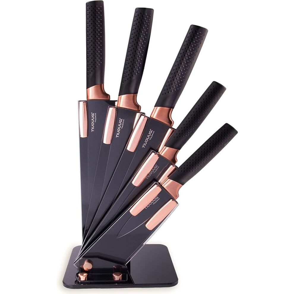 Kitchen Knife Block Set Copper 5 Piece Set with Knives Clear Acrylic Block Stainless Steel Blades