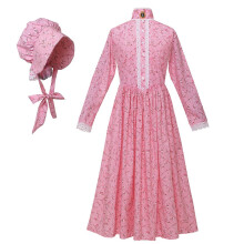 (pink dress set, XL 14-Colonial dress) Girls Prairie Pilgrim Dress Vintage Civil War Colonial Costume Pioneer Carnival Fairy Child Cotton Bonnet Dress Outfits