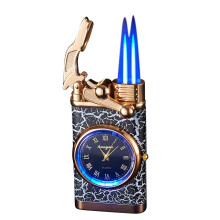 (A) Double Fire Switching Lighter With Quartz Watch Metal Inflatable Windproof Blue Flame Lighter Fashion Gift