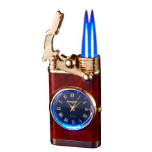 (C) Double Fire Switching Lighter With Quartz Watch Metal Inflatable Windproof Blue Flame Lighter Fashion Gift