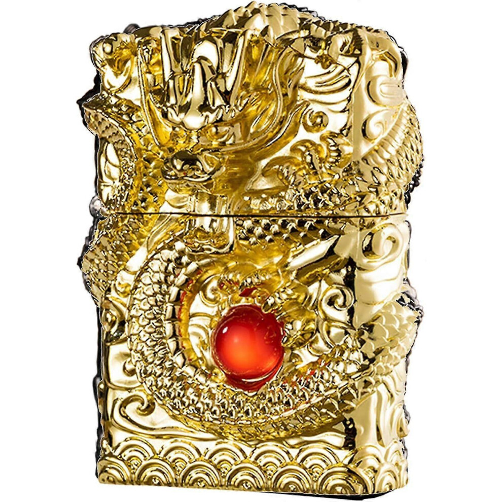 Gold (Gold) Cool Lighter, Windproof Carving Dragon Retro Lighter, Reusable Kerosene Grinding Wheel Lighter For Collection, Decoration, Gifts, Gifts (Exclud