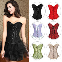 Women Satin Lace Sexy Bustier Corset Basque Lace Up Lingerie G-string Set S-6XL