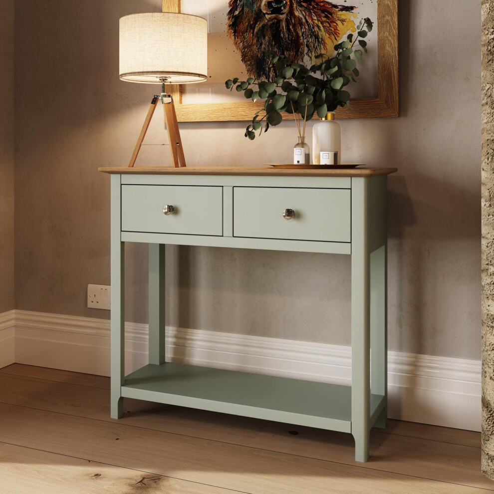 2 Drawer Console Table Sage Green Large Oak Top Painted Finish
