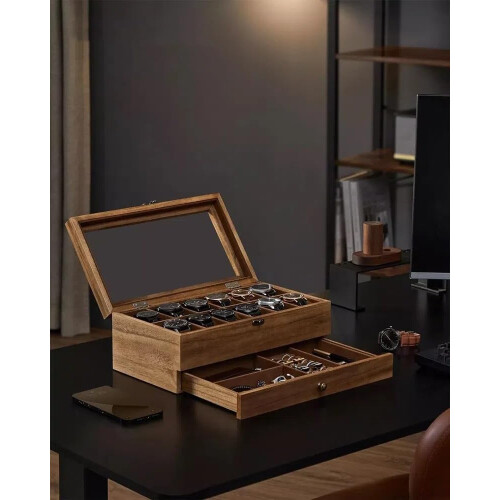 DWD® Watch Box Organiser with 12 Slots, 2-Tier Rustic Walnut Case 1