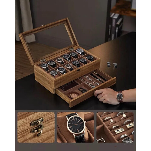 DWD® Watch Box Organiser with 12 Slots, 2-Tier Rustic Walnut Case