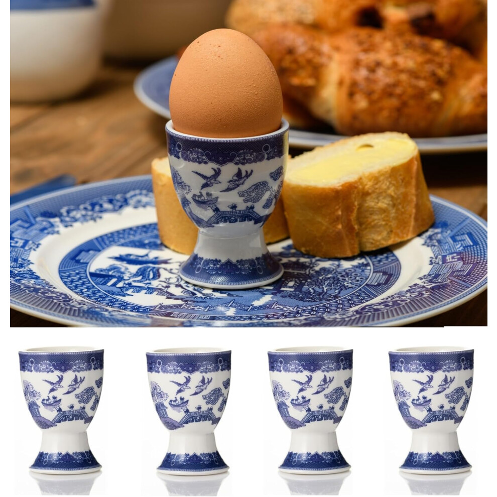 AuraHome - Blue Willow Egg Cups - Set of 4 - Glazed Porcelain