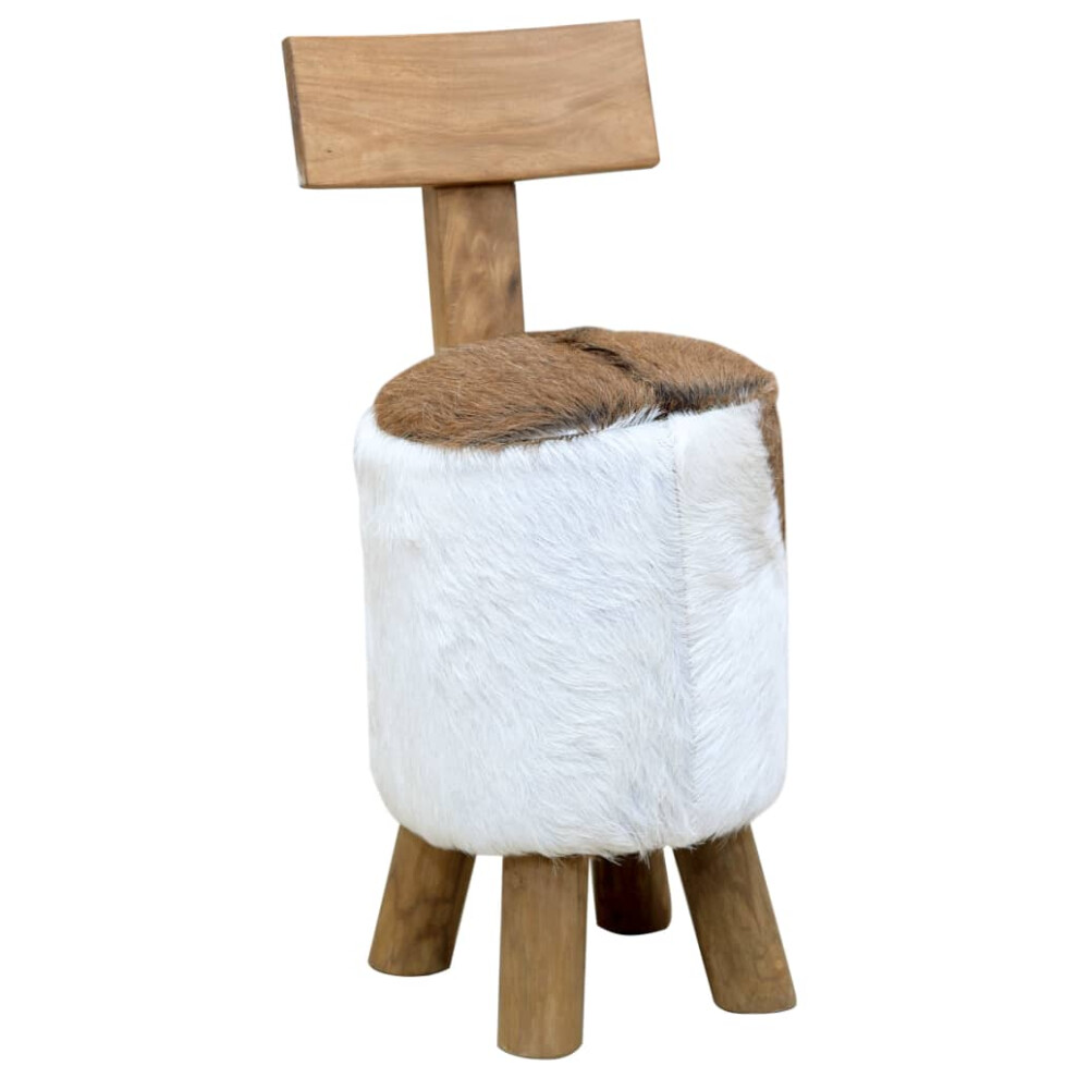 (brown) vidaXL Solid Teak Wood Stool Brown Wooden Stool Real Leather Chair White/Brown