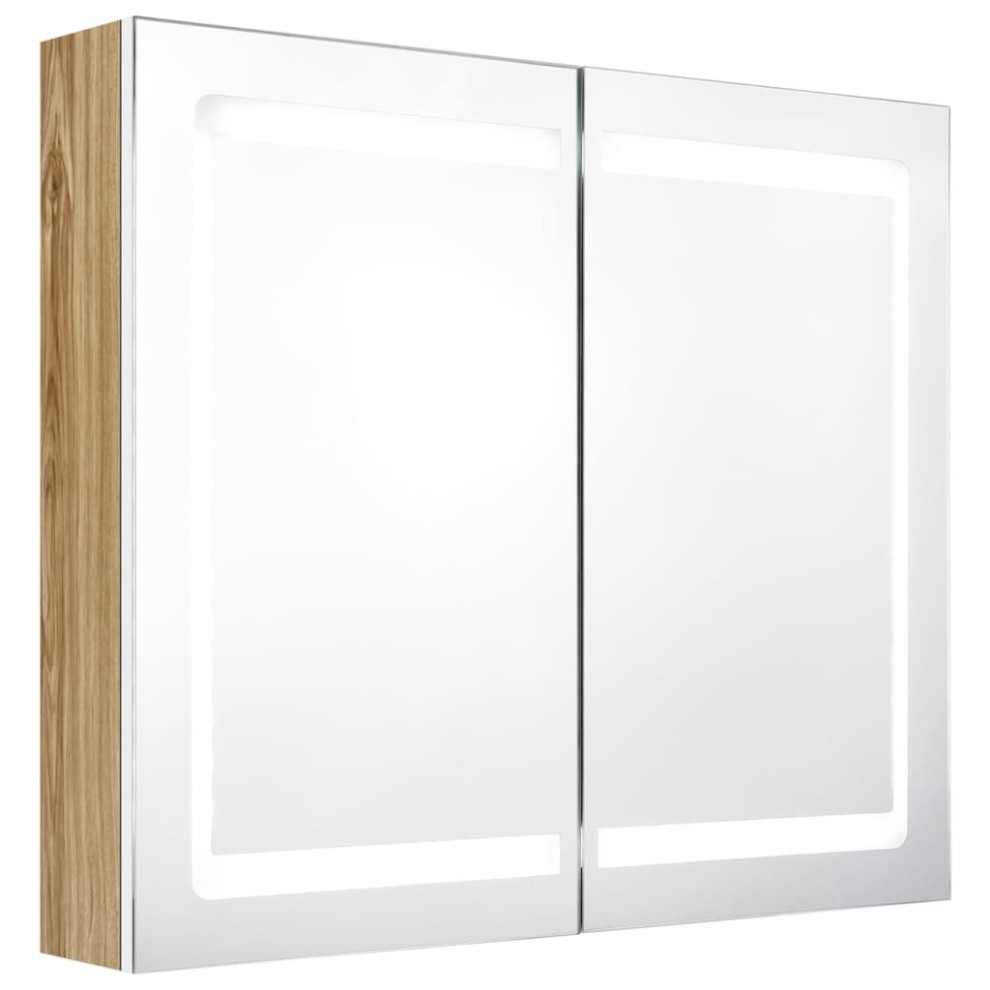 Vidaxl (White And Oak) Led Bathroom Mirror Cabinet Washroom Wall Cabinet Storage Vanity Unit