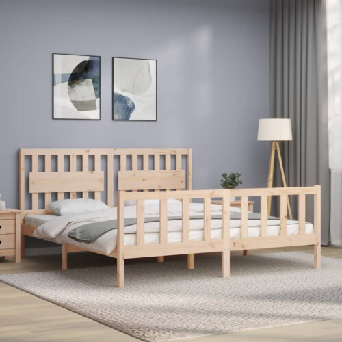 VidaXL (natural) vidaXL Bed Frame Bed Base Platform Bed with Headboard White Double Solid Wood 2