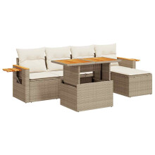 vidaXL 6-tlg. Garten-Sofagarnitur mit Kissen Beige Poly Rattan Akazie