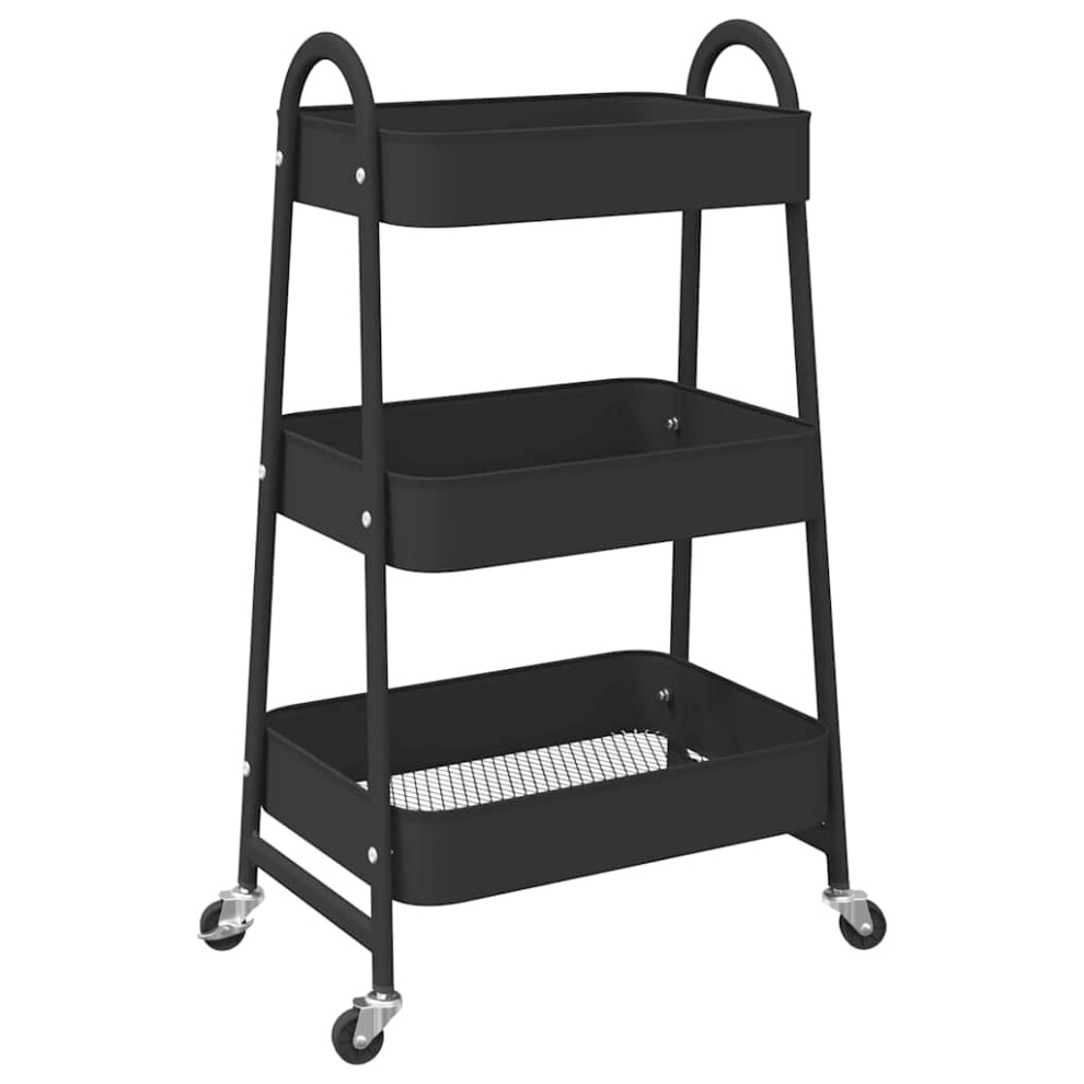 (black) vidaXL Storage Trolley Service Trolley 3-Tier Utility Cart Storage Rack Steel