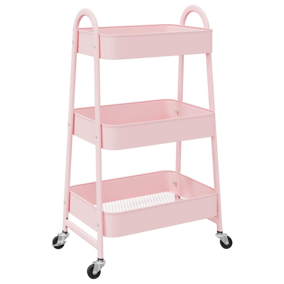 (pink) vidaXL Storage Trolley Service Trolley 3-Tier Utility Cart Storage Rack Steel