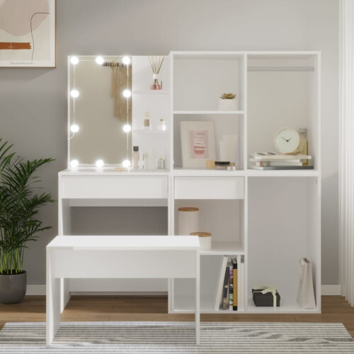 VidaXL vidaXL Dressing Table Set with LED White Engineered Wood Bedroom Vanity Desk 2