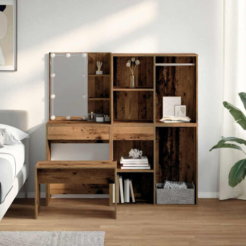 VidaXL vidaXL Dressing Table Set with LED Old Wood Engineered Wood dressing table 2