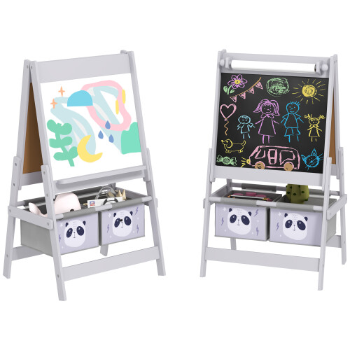 AIYAPLAY Kids Easel with Paper Roll, Blackboard, Whiteboard, Storage, Grey