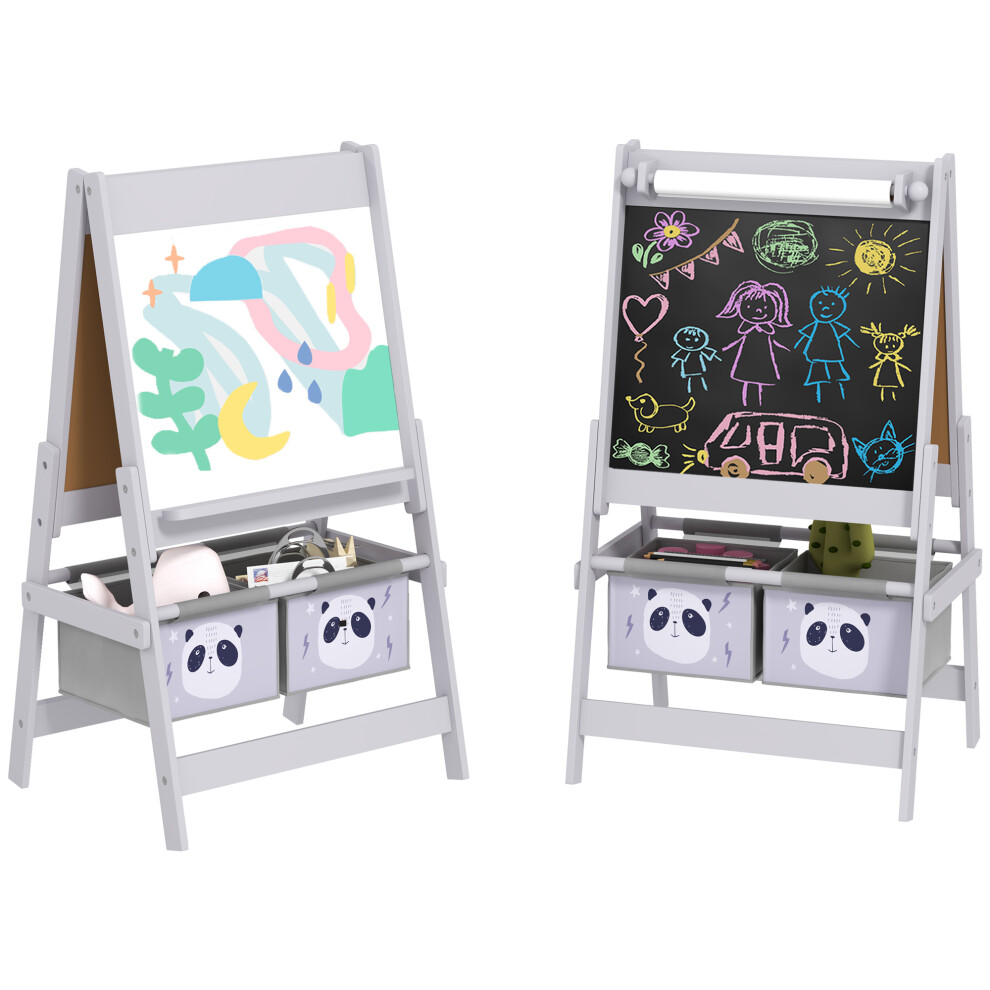 AIYAPLAY Kids Easel with Paper Roll, Blackboard, Whiteboard, Storage, Grey