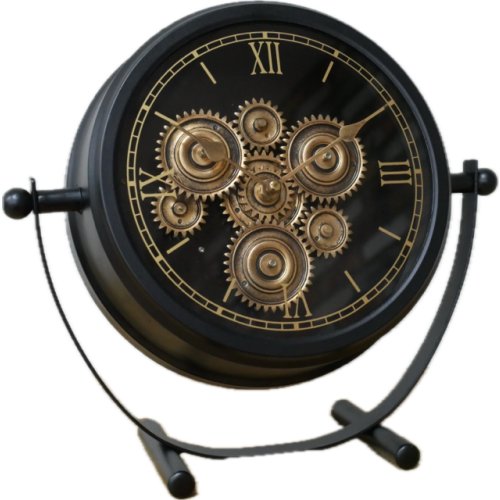 Elegant Freestanding Clock with Moving Internal Cogs | Black