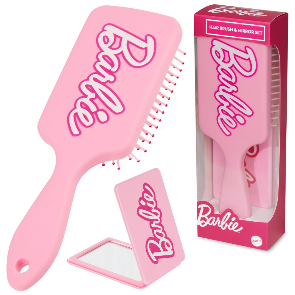 Barbie Detangle Hair Brush For Teenagers Girls, Paddle Brush And Compact Mirror Set - Gifts For Her Women's Pink