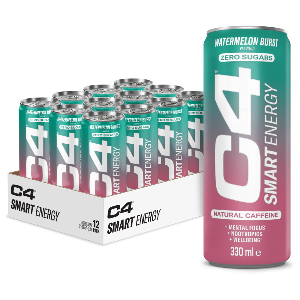 Cellucor C4 Smart Energy Drinks Watermelon Burst 330Ml (12 Pack) | Sugar Free Energy Drink With 106Mg Natural Caffeine, Brainberry, Nootropics, Vitamin C |